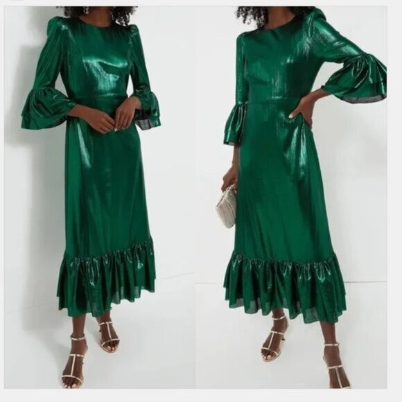 Pomander Place | NEW Emerald Crinkle Lurex Lillith Maxi Dress Size L - Picture 2 of 12